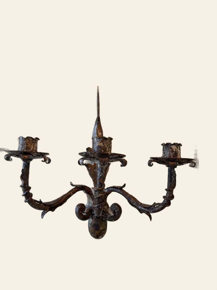 Pair Spanish or Italian Wrought Iron 3-Arm Pricket Wall Sconces, 18th C.
