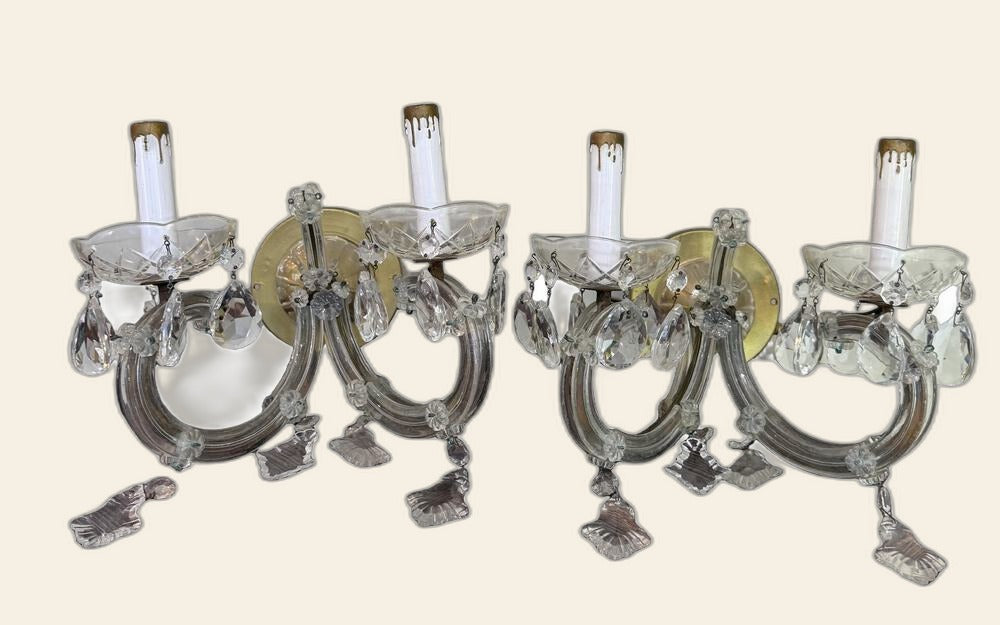 Pair Maria Theresa Style Crystal Two-Light Sconces, Mid 20th Century
