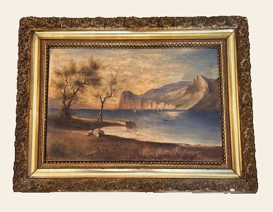 Antique Mediterranean Coastal Landscape, Olive Trees and Cliffs, Carved Gilt Frame