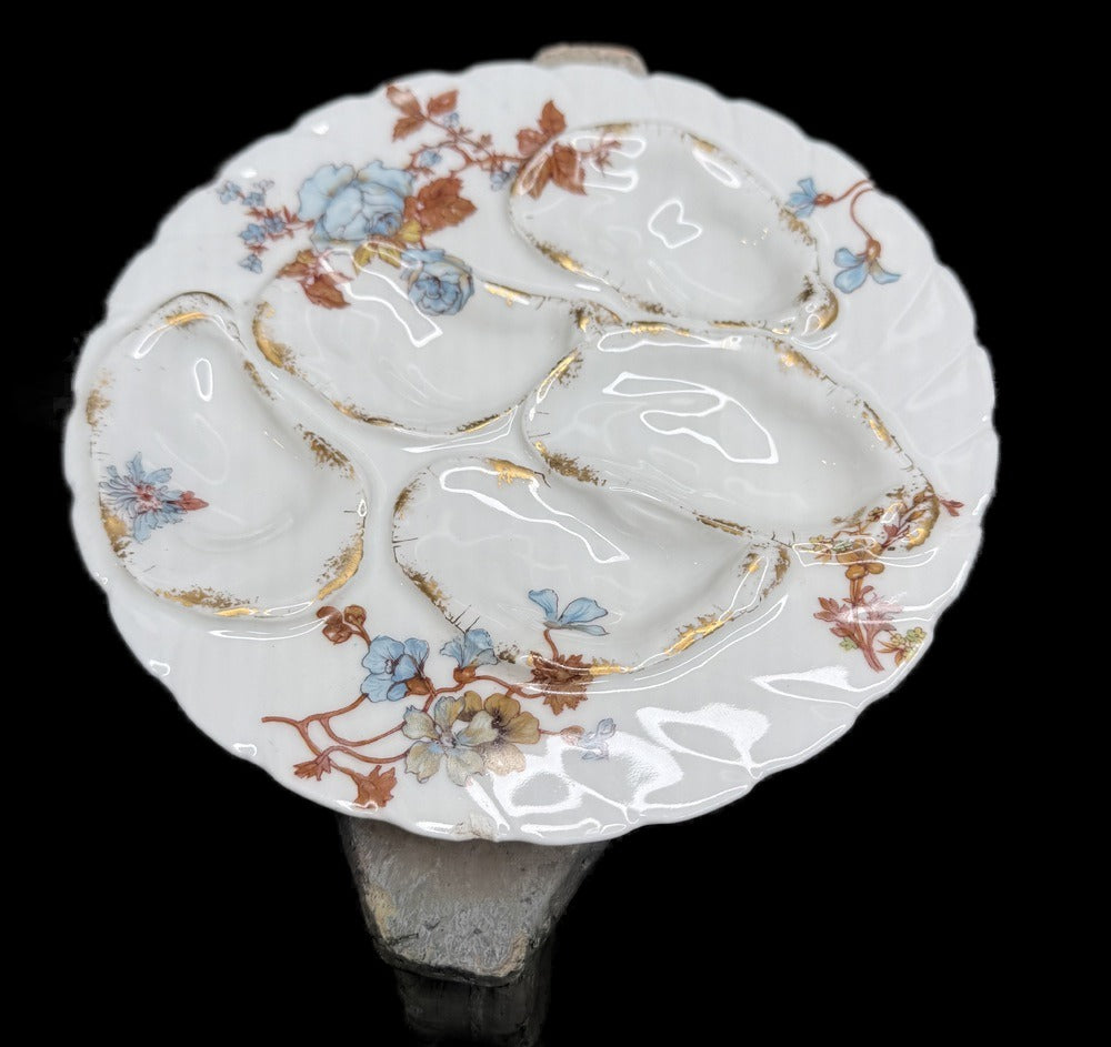 Haviland Limoges Porcelain Oyster Plate, Five Wells, Aesthetic Movement Floral