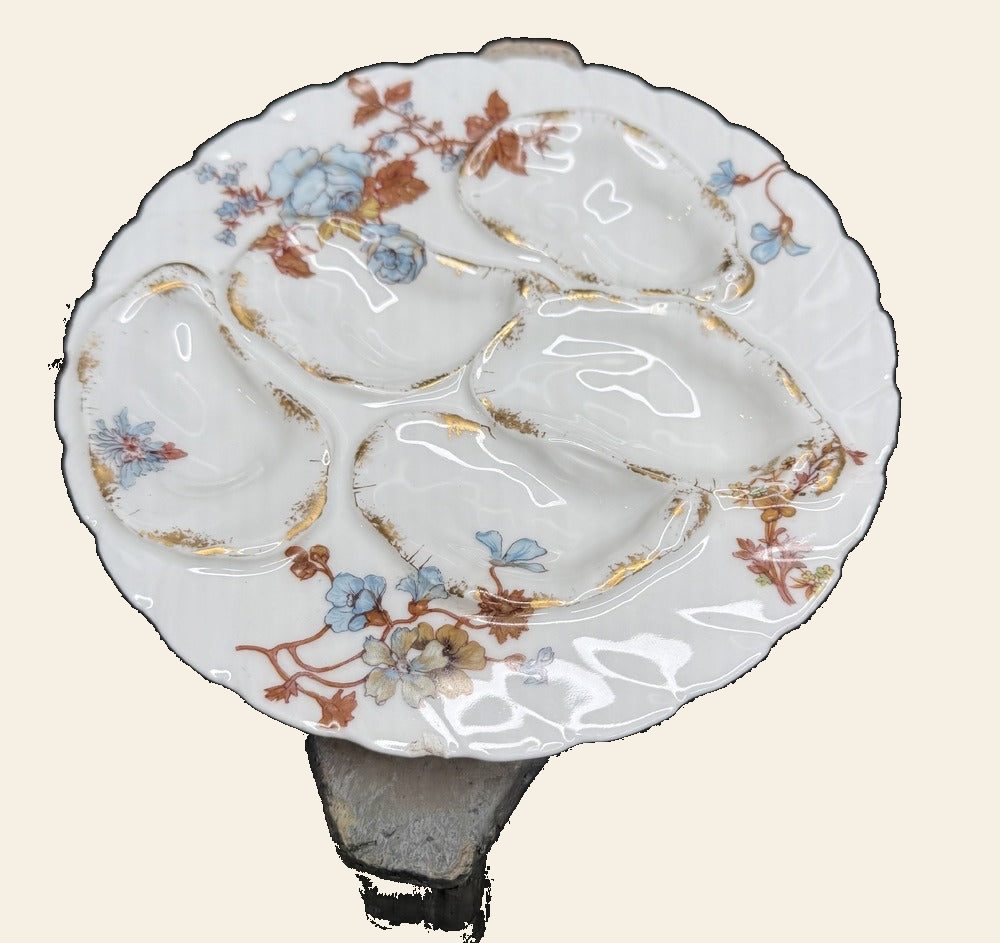Haviland Limoges Porcelain Oyster Plate, Five Wells, Aesthetic Movement Floral