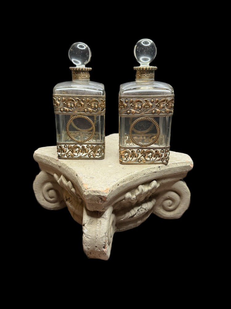 French Crystal Perfume Bottle Pair, Pierced Gilt Brass Mounts, Ball Stoppers