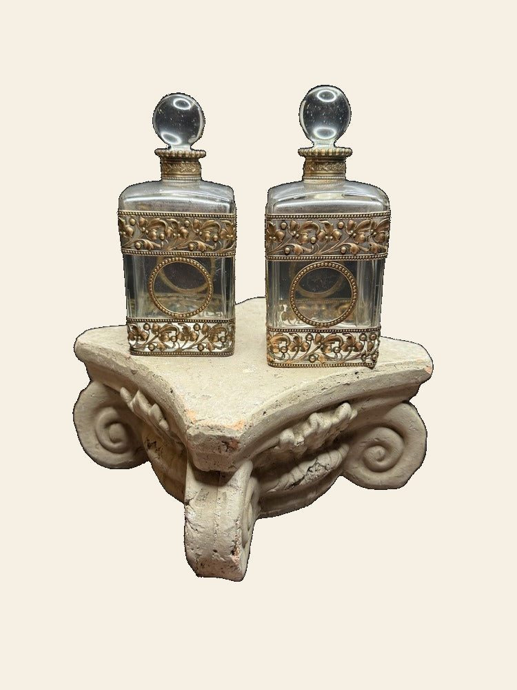 French Crystal Perfume Bottle Pair, Pierced Gilt Brass Mounts, Ball Stoppers