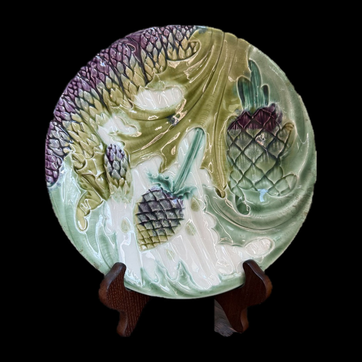 Antique French Majolica Plates, Keller Guerin Luneville, Artichoke Asparagus, Set of 6