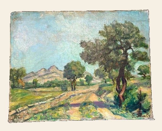 Signed Provençal Landscape, Olive Trees and Mountain, Oil, French School c.1910