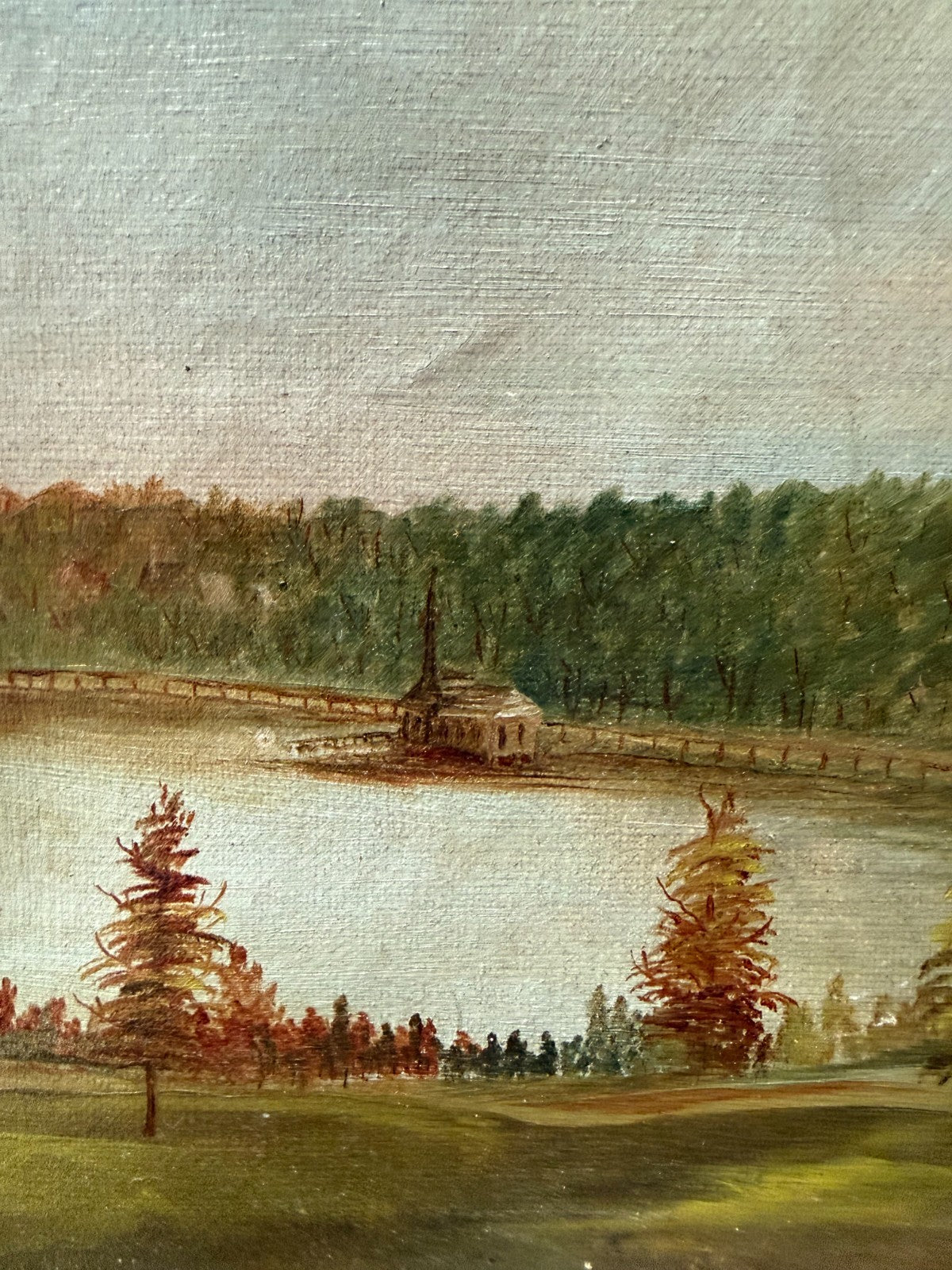 Antique Oil Painting, Lake Landscape, Pavilion Carriage Road, Folk Art, c.1880