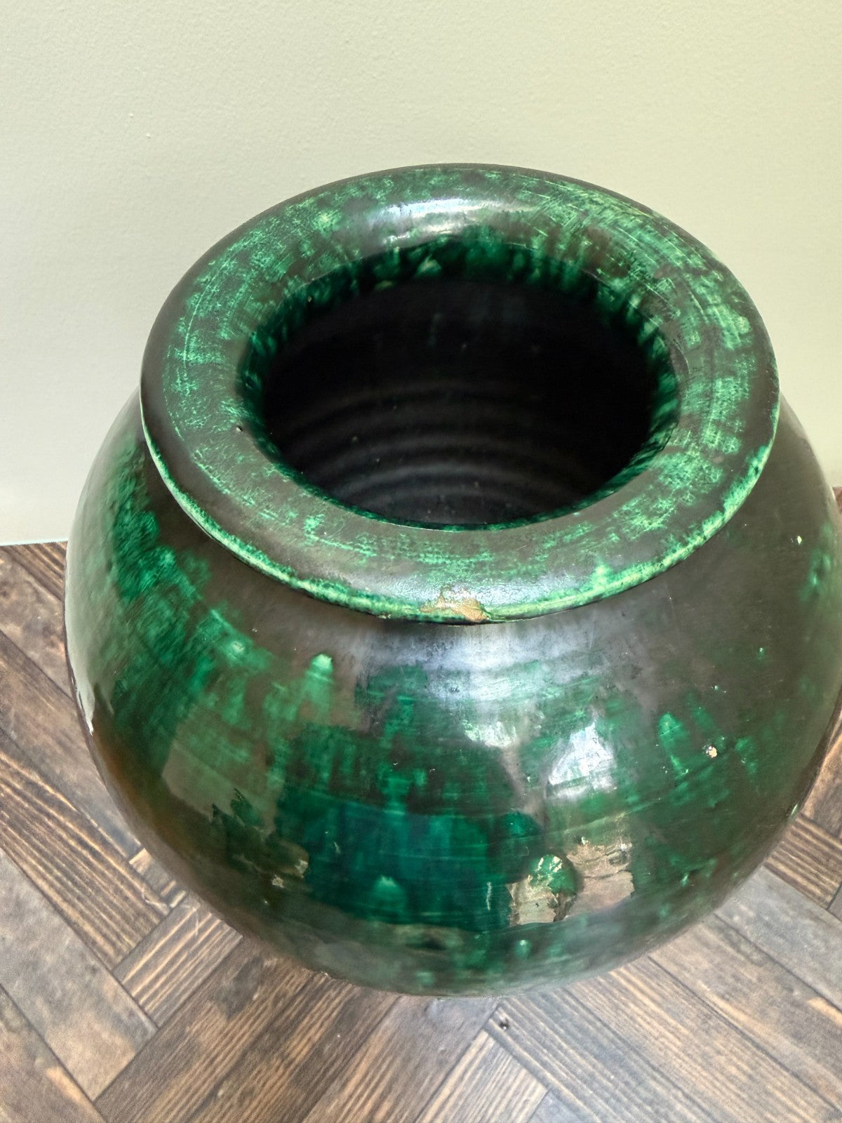 Antique Redware Vase, Streaky Green Glaze, Flared Rim, Possibly Southern