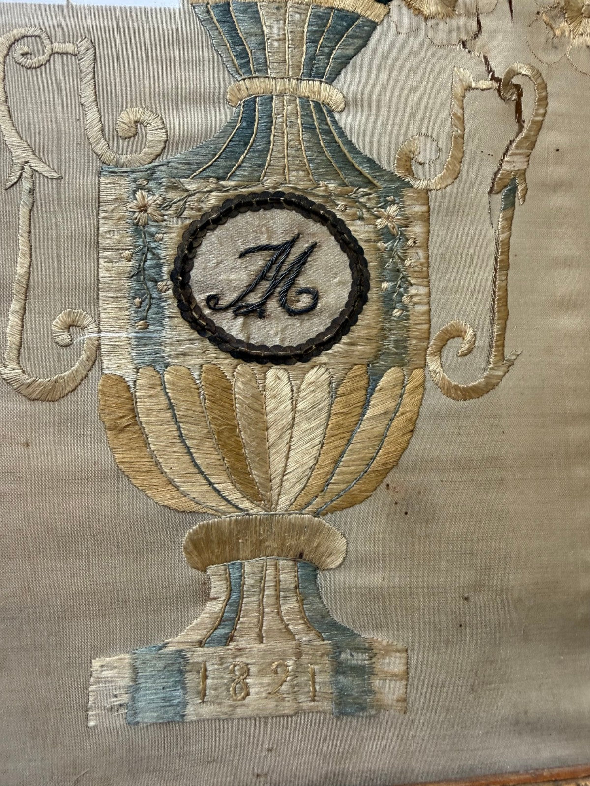 Antique Silk Needlework Picture, Urn of Flowers, Dated 1821, Federal, Framed