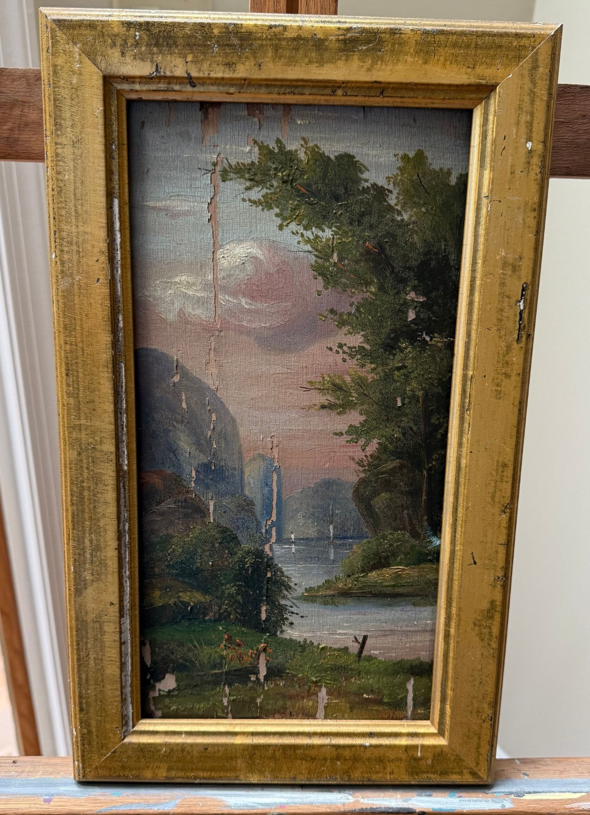 Antique Oil Painting, Sunset River Landscape, Academy Board, Gilt Frame, c.1890