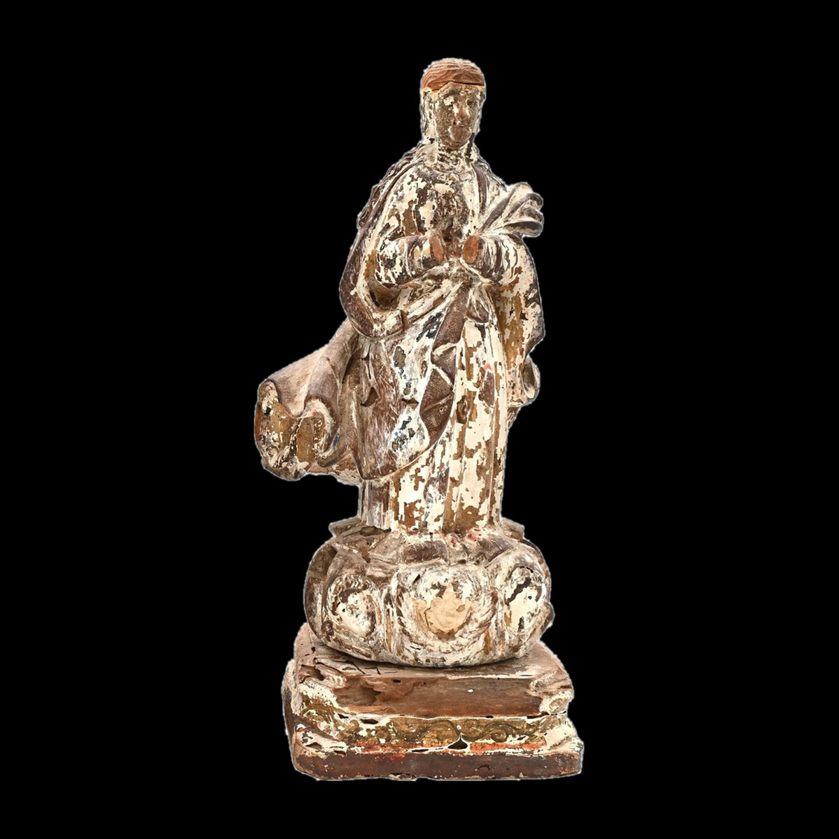 Antique European Walnut Madonna Statue | 18th–19th Century Hand-Carved Polychrome
