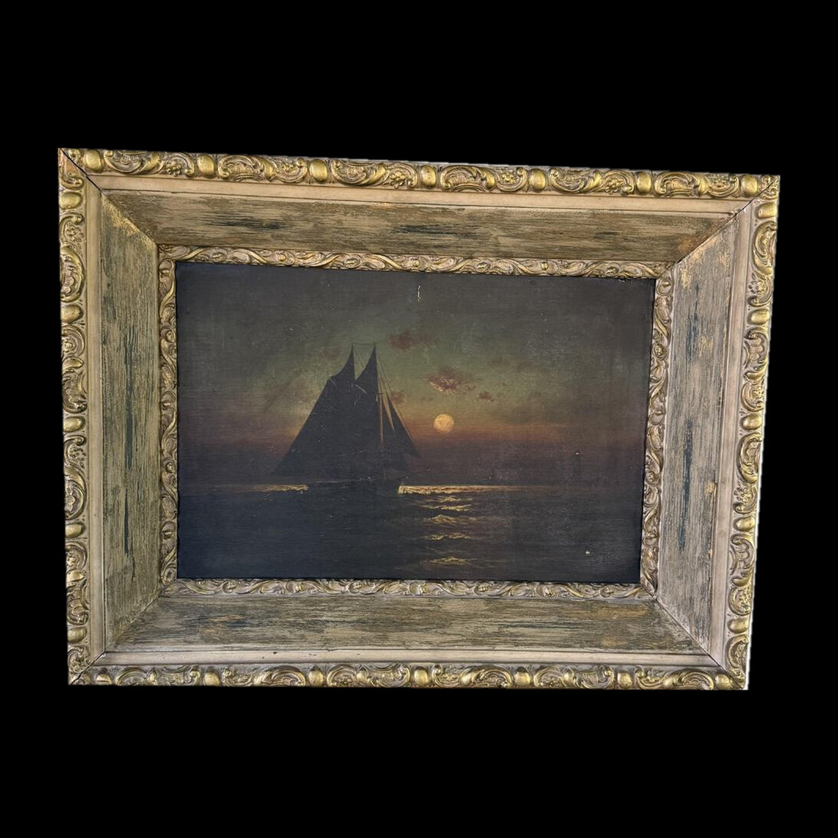 American Marine Oil, Moonlit Sailing Vessel, Signed Moran, Late 19th Century