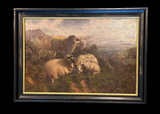 Antique British Oil on Canvas Highland Sheep Study — Victorian Animal Painting London Colorman's Stamp