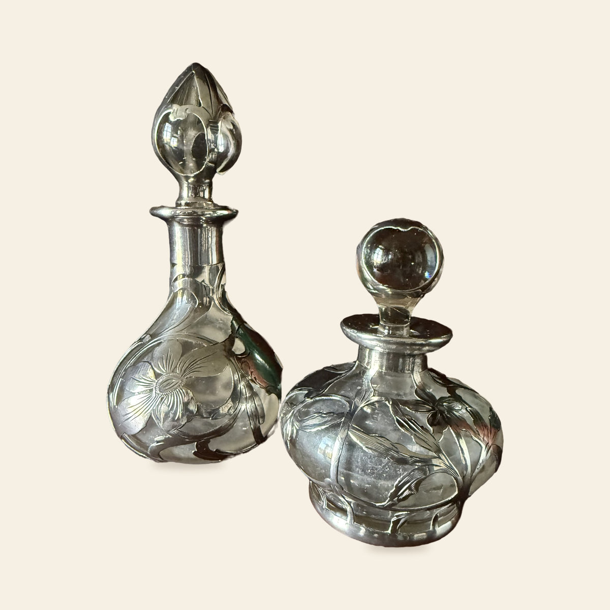 Pair Antique Sterling Silver Overlay Perfume Bottles, Engraved Art Nouveau