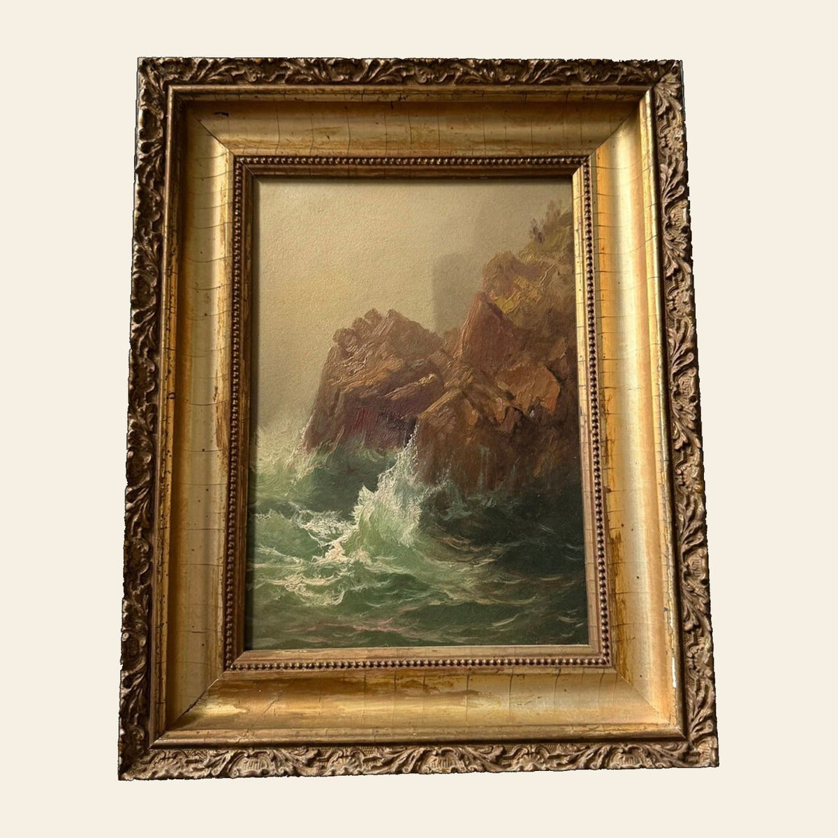 Attributed Harrison Bird Brown, Surf on Rocky Coast, Antique Oil on Paper