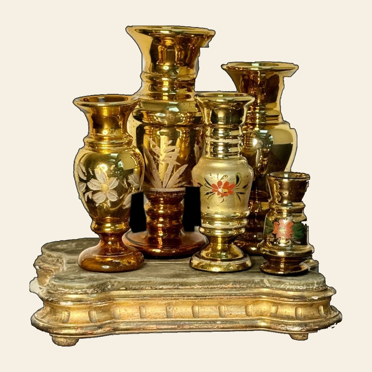 Antique Mercury Glass Vases, Set of 5, Gold Hand-Painted, Victorian, c.1860-1880