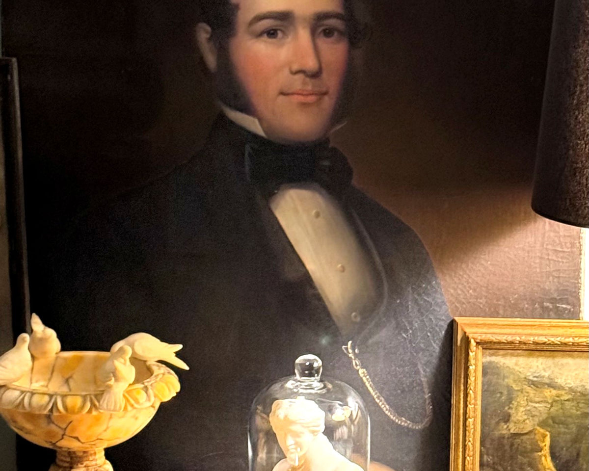 Valley House Antiques — antique portrait, marble compote and cloche in the Chester Springs studio