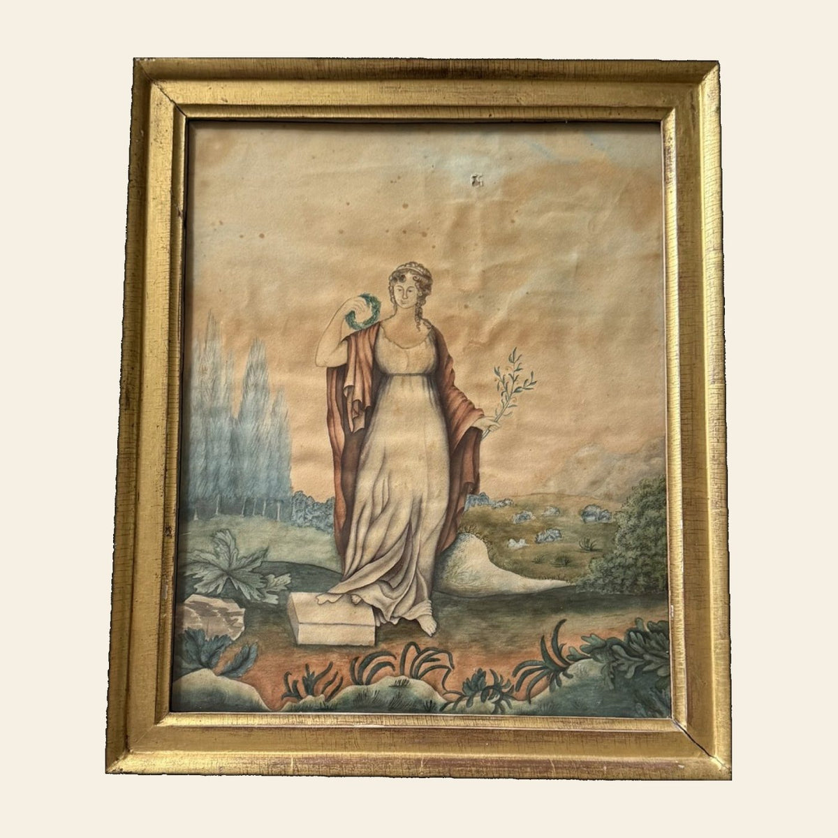 Antique American Watercolor, Allegorical Figure with Wreath, Gilt Frame, c.1820