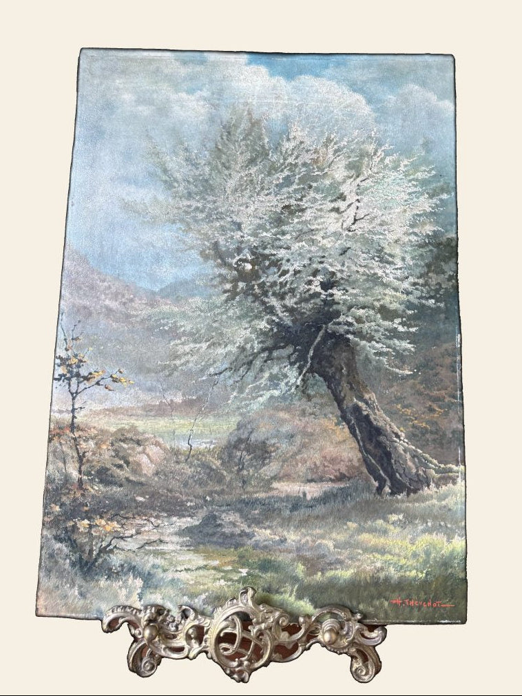 Vintage French Oil on Board, Willow Landscape, Signed H. Thévenot, Loire 1963