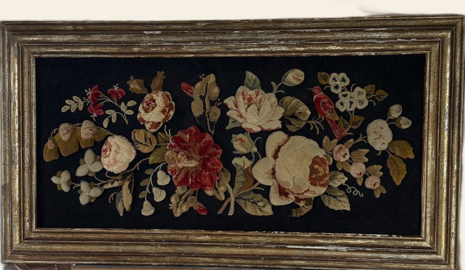 Antique English Berlin Plush Work Floral Panel, Roses and Bird, Black Ground